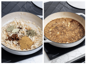 Step 3 shows browning the onions and adding the spices. Step 4 shows adding the beef broth into the pan.